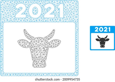 Mesh 2021 bull calendar model icon. Wire frame triangular mesh of vector 2021 bull calendar isolated on a white background. Abstract 2d mesh built from triangular lines and small circle.
