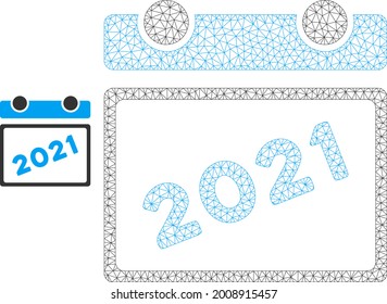 Mesh 2021 calendar leaf model icon. Wire frame triangular mesh of vector 2021 calendar leaf isolated on a white background. Abstract 2d mesh designed with triangular lines and dots.