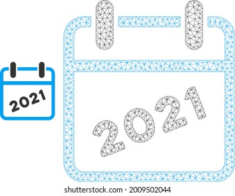 Mesh 2021 calendar model icon. Wire carcass polygonal mesh of vector 2021 calendar isolated on a white background. Abstract 2d mesh created from polygonal grid and dots.
