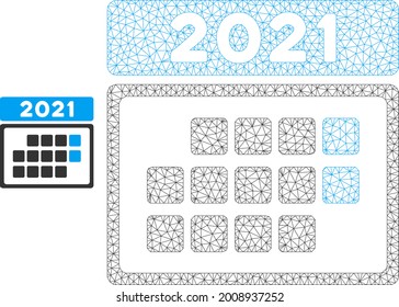 Mesh 2021 calendar month table model icon. Wire frame polygonal mesh of vector 2021 calendar month table isolated on a white background. Abstract 2d mesh built from polygonal grid and small circle.