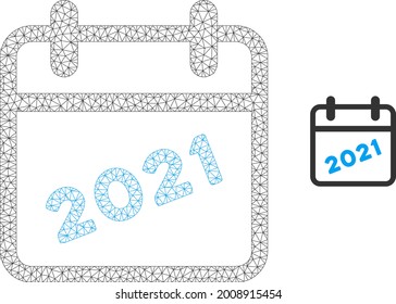 Mesh 2021 calendar page model icon. Wire carcass triangular mesh of vector 2021 calendar page isolated on a white background. Abstract 2d mesh designed with triangular lines and round dots.