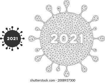 Mesh 2021 coronavirus model icon. Wire frame triangular mesh of vector 2021 coronavirus isolated on a white background. Abstract 2d mesh created from triangular lines and dots.