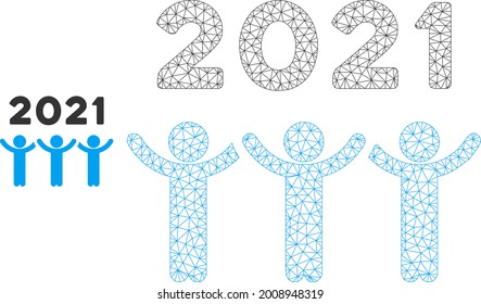 Mesh 2021 dancing people model icon. Wire carcass triangular mesh of vector 2021 dancing people isolated on a white background. Abstract 2d mesh built from polygonal grid and small circle.