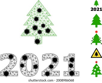 Mesh 2021 fir tree polygonal icon vector illustration, with black Covid elements. Carcass model is created from 2021 fir tree flat icon, with infectious nodes and polygonal mesh.