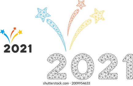 Icono del modelo de fuegos artificiales de Mesh 2021. Malla poligonal de la canal de cables de los fuegos artificiales vectoriales 2021 aislados en un fondo blanco. Resumen de malla 2d diseñada con cuadrícula poligonal y puntos.
