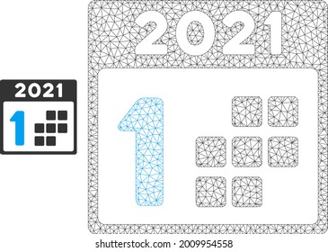 Mesh 2021 first day model icon. Wire frame triangular mesh of vector 2021 first day isolated on a white background. Abstract 2d mesh created from triangular lines and small circle.