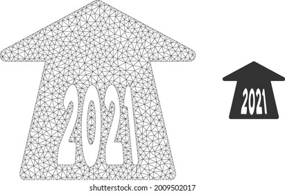 Mesh 2021 forward arrow model icon. Wire carcass triangular mesh of vector 2021 forward arrow isolated on a white background. Abstract 2d mesh created from triangular lines and dots.