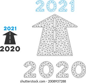 Mesh 2021 future road model icon. Wire carcass polygonal mesh of vector 2021 future road isolated on a white background. Abstract 2d mesh built from polygonal grid and round dots.