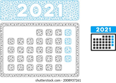 Icono de modelo de calendario de malla 2021 mes. Malla triangular del marco de alambre del calendario vectorial 2021 mes aislado en un fondo blanco. Resumen de malla 2d diseñada con triángulos y puntos esféricos.