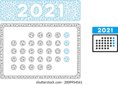 Icono de modelo de calendario de malla 2021 mes. Malla poligonal de la canal de hilo del calendario vectorial 2021 mes aislado en un fondo blanco. Resumen de malla 2d diseñada con cuadrícula poligonal y puntos redondos.