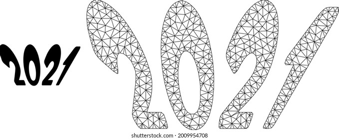 Mesh 2021 perspective text model icon. Wire frame triangular mesh of vector 2021 perspective text isolated on a white background. Abstract 2d mesh built from triangular lines and dots.