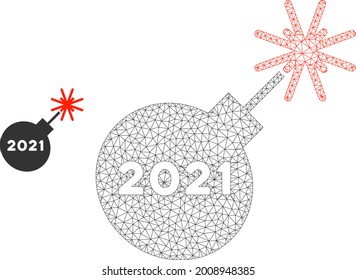 Mesh 2021 petard model icon. Wire frame triangular mesh of vector 2021 petard isolated on a white background. Abstract 2d mesh created from triangular lines and points.