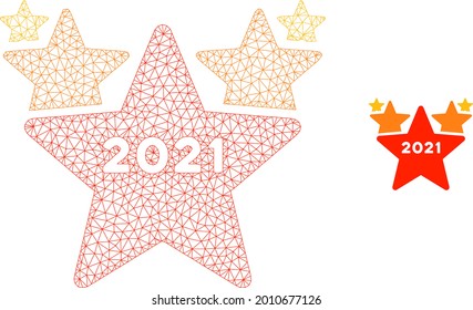 Mesh 2021 star hit parade model icon. Wire frame triangular mesh of vector 2021 star hit parade isolated on a white background. Abstract 2d mesh designed with triangular lines and spheric points.