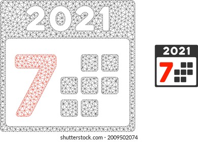 Mesh 2021 year 7 days model icon. Wire carcass triangular mesh of vector 2021 year 7 days isolated on a white background. Abstract 2d mesh designed with triangular lines and circle nodes.