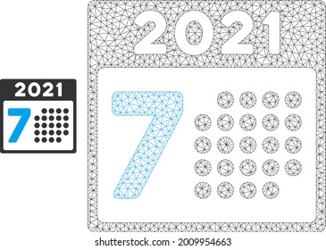 Mesh 2021 year 7th day model icon. Wire frame triangular mesh of vector 2021 year 7th day isolated on a white background. Abstract 2d mesh designed with triangular lines and small circle.