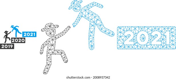 Mesh 2021 year guy help model icon. Wire frame triangular mesh of vector 2021 year guy help isolated on a white background. Abstract 2d mesh built from triangular lines and dots.