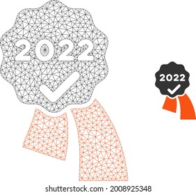 Mesh 2022 approve award model icon. Wire frame triangular mesh of vector 2022 approve award isolated on a white background. Abstract 2d mesh built from triangular lines and spheric points.