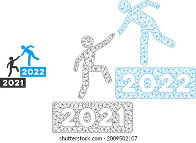 Mesh 2022 business steps model icon. Wire carcass polygonal mesh of vector 2022 business steps isolated on a white background. Abstract 2d mesh designed with polygonal grid and spheric points.