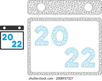 Mesh 2022 calendar model icon. Wire carcass polygonal mesh of vector 2022 calendar isolated on a white background. Abstract 2d mesh built from triangular lines and spheric points.