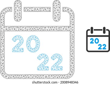 Icono de modelo de calendario de malla 2022. Malla poligonal de la canal de cables del calendario vectorial 2022 aislada en un fondo blanco. Resumen de malla 2d diseñada con cuadrícula poligonal y puntos.
