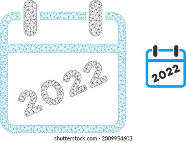 Mesh 2022 calendar model icon. Wire frame triangular mesh of vector 2022 calendar isolated on a white background. Abstract 2d mesh built from triangular lines and round dots.