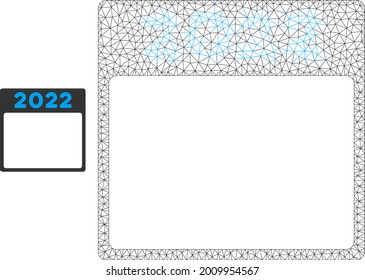 Mesh 2022 calendar page model icon. Wire frame triangular mesh of vector 2022 calendar page isolated on a white background. Abstract 2d mesh created from triangular lines and dots.