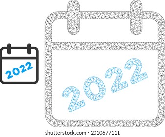 Mesh 2022 calendar page model icon. Wire frame triangular mesh of vector 2022 calendar page isolated on a white background. Abstract 2d mesh designed with triangular lines and circle nodes.