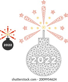 Mesh 2022 Feuerwerk Detonator Modell Symbol. Drahtrahmen-Polygonnetz des Vektordetonators 2022, einzeln auf weißem Hintergrund. Abstrakte 2d Masche aus polygonalem Gitter und Punkten.