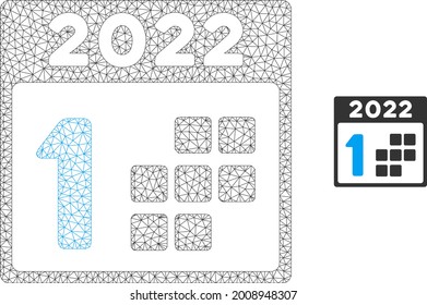 Mesh 2022 erste Tag Modell Symbol. Wire carcass polygonal mesh von Vektorgrafik 2022 erster Tag einzeln auf weißem Hintergrund. Abstrakte 2d-Masche aus polygonalem Gitter und kleinem Kreis.