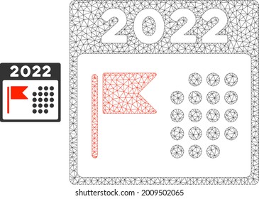 Mesh 2022 holiday calendar model icon. Wire frame triangular mesh of vector 2022 holiday calendar isolated on a white background. Abstract 2d mesh built from triangular lines and small circle.