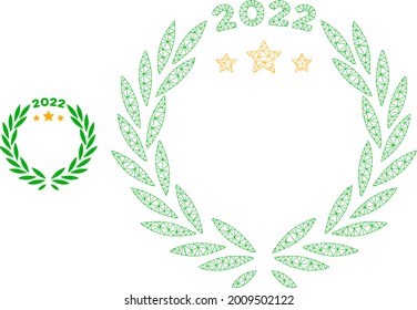 Icono de modelo de laurel de malla 2022. Malla poligonal de la canal de hilo del vector 2022 de la corona de laurel aislada sobre un fondo blanco. Resumen de malla 2d creada a partir de la rejilla poligonal y puntos redondos.