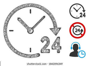 Mesh 24 Stunden Uhr polygonal Web-Icon Vektorgrafik. Das Carcass-Modell basiert auf einem 24-Stunden-Flachsymbol. Dreieckige Maschenformen abstrakt 24 Stunden Uhr flaches Modell.