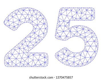 Mesh 25 digits text polygonal 2d illustration. Abstract mesh lines and dots form triangular 25 digits text. Wire frame 2D polygonal line network in vector format isolated on a white background.