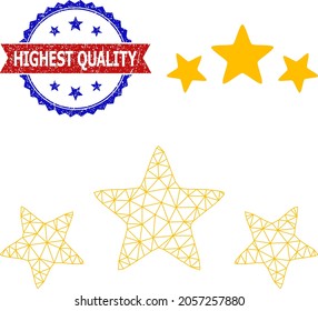 Mesh 3 stars rate wireframe illustration, and bicolor scratched Highest Quality watermark. Mesh wireframe image designed with 3 stars rate icon.