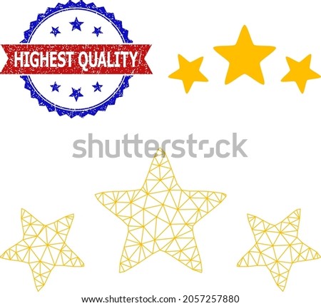 Mesh 3 stars rate wireframe illustration, and bicolor scratched Highest Quality watermark. Mesh wireframe image designed with 3 stars rate icon.