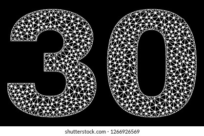 Mesh 30 polygonal text isolated on a black background. 30 caption of wire frame build with lines and dots. Letters are triangulated and has white color.