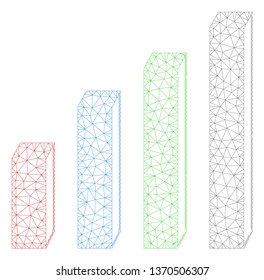 Mesh 3d bar chart polygonal icon illustration. Abstract mesh lines and dots form triangular 3d bar chart. Wire frame 2D polygonal line network in vector format isolated on a white background.