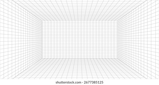 Mesh 3d room. Digital blank space with geometric perspective grid futuristic interior with abstract vector rendering
