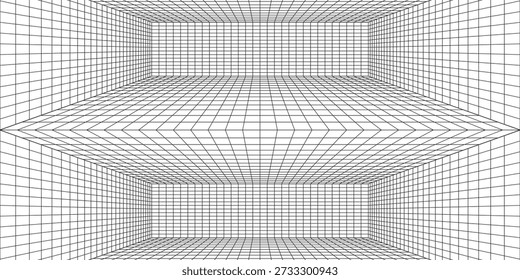 Mesh 3d room. Digital blank space with geometric perspective grid futuristic interior with abstract vector rendering