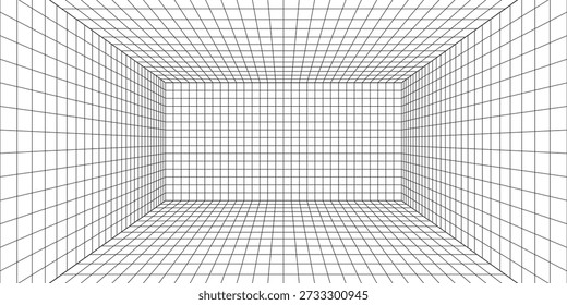 Mesh 3d room. Digital blank space with geometric perspective grid futuristic interior with abstract vector rendering