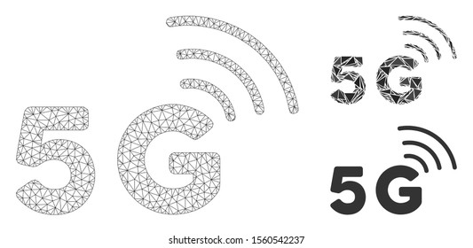 Mesh 5G model with triangle mosaic icon. Wire carcass triangular mesh of 5G. Vector composition of triangles in different sizes, and color hues.  