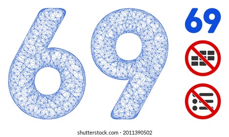 Mesh 69 digits text web 2d vector illustration. Carcass model is based on 69 digits text flat icon. Mesh forms abstract 69 digits text flat model.