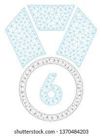 Mesh 6th place medal polygonal icon illustration. Abstract mesh lines and dots form triangular 6th place medal. Wire frame 2D polygonal line network in vector format isolated on a white background.