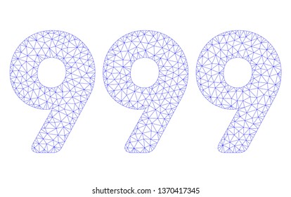 Mesh 999 digits text polygonal icon illustration. Abstract mesh lines and dots form triangular 999 digits text. Wire frame 2D polygonal line network in vector format isolated on a white background.