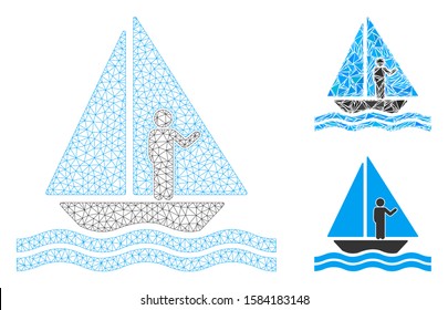 Mesh aboard yacht model with triangle mosaic icon. Wire frame polygonal mesh of aboard yacht. Vector mosaic of triangle parts in different sizes, and color tones. Abstract 2d mesh aboard yacht,