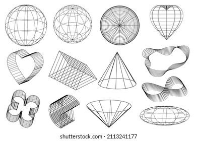 Mesh abstrakte Formen mit Globus in minimalem Stilsatz. Futuristische Elemente und retrofuturistische Formen. Set von Neo-Memphis, Vaporwave. Vektorgrafik