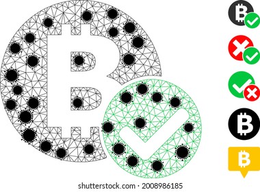 Mesh accept bitcoin polygonal symbol vector illustration, with black virus elements. Model is based on accept bitcoin flat icon, with virus centers and polygonal mesh.