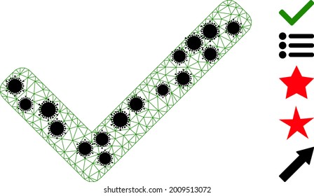 Mesh accept tick polygonal icon vector illustration, with black infectious centers. Abstraction is based on accept tick flat icon, with infection centers and triangular mesh.