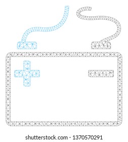 Mesh accumulator polygonal 2d illustration. Abstract mesh lines and dots form triangular accumulator. Wire frame 2D polygonal line network in vector format isolated on a white background.
