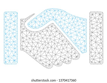 Mesh acquisition handshake polygonal 2d illustration. Abstract mesh lines and dots form triangular acquisition handshake.